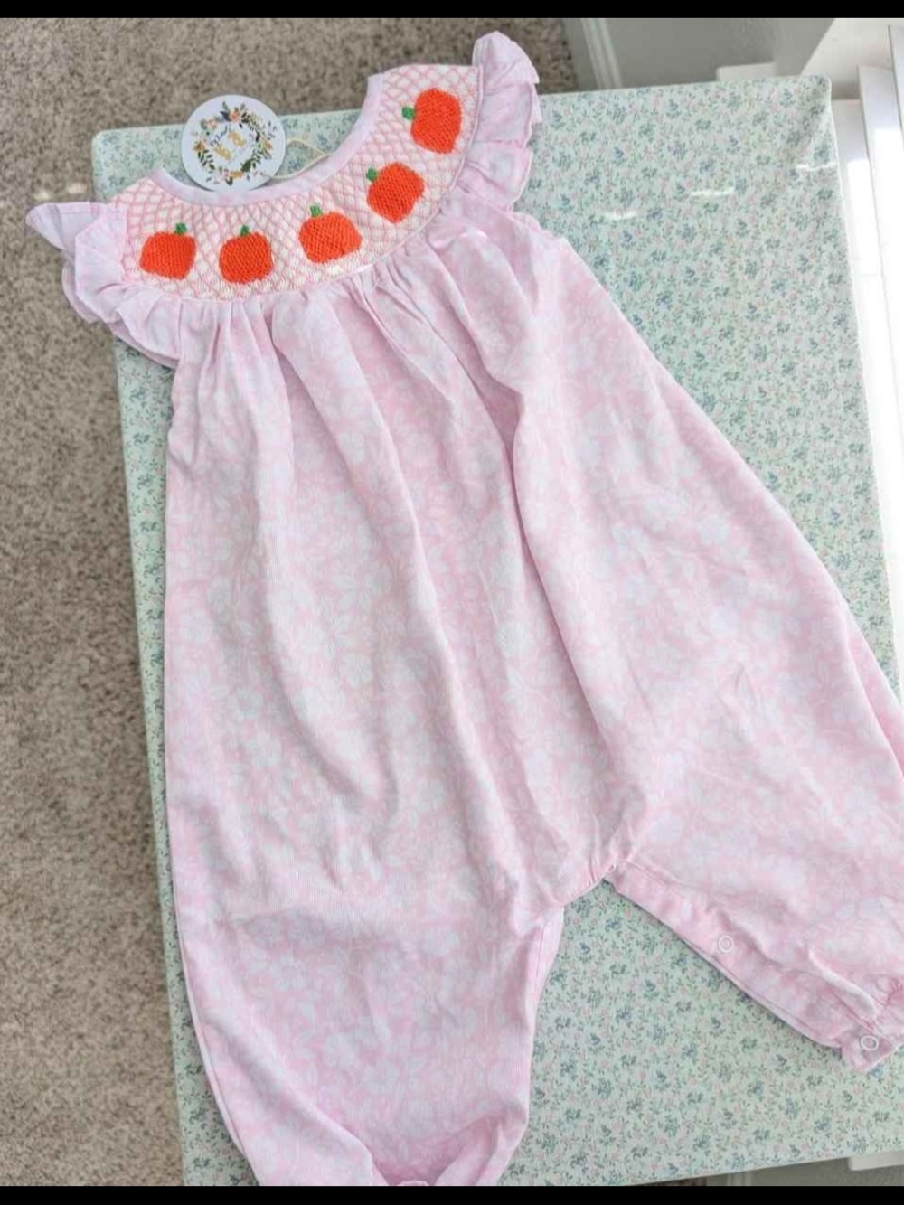 NWT 12 Mos Smocked SGS Pumpkin Pink Floral Romper